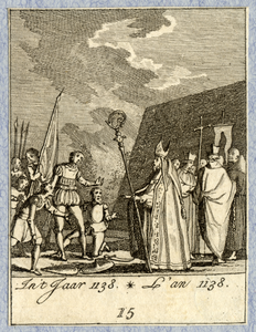 32303 Afbeelding van de bisschop van Utrecht die aan het hoofd van een processie bij de legertent van graaf Dirk IV van ...